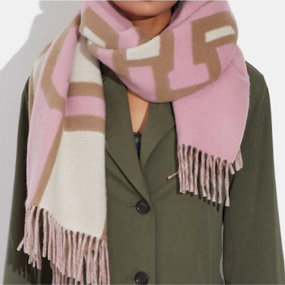 COACH REVERSIBLE WOOL SCARF VARSITY PRINT PINK COLORBLOCK OVERSIZED MUFFLER - Picture 3 of 7